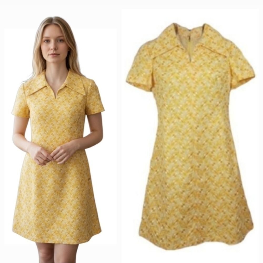 NEW Vintage Handcrafted 60's 70's Geometric Embroidered Yellow Mod Dress Size M